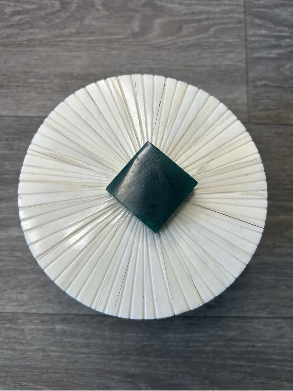 Vintage Indian Bone Tile Trinket Box White Sunburst Green Finial 5”
